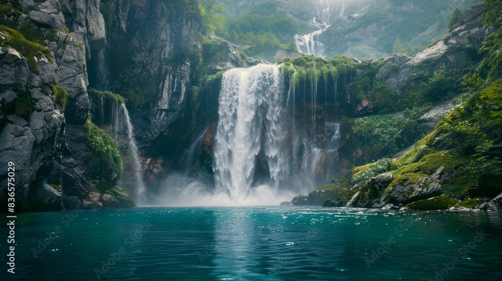 Fototapeta premium Majestic glacier waterfall, turquoise pool, lush vegetation, rugged cliffs. Cascading waterfall with crystal clear water, dramatic landscape.