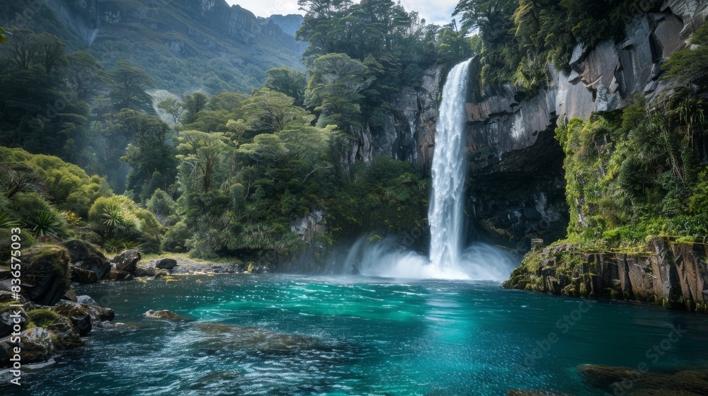 Fototapeta premium Majestic glacier waterfall, turquoise pool, lush vegetation, rugged cliffs. Cascading waterfall with crystal clear water, dramatic landscape.