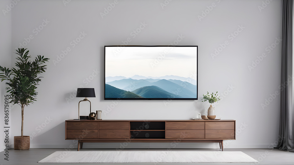 Fototapeta premium Mockup minimalist a cabinet television wall mounted with decoration in living room and white wall Generative AI