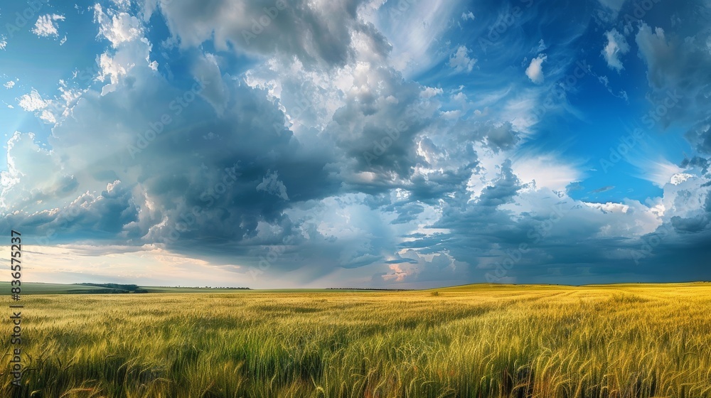 Panoramic countryside landscape with golden wheat fields. Sun-drenched golden wheat swaying gently in the breeze.