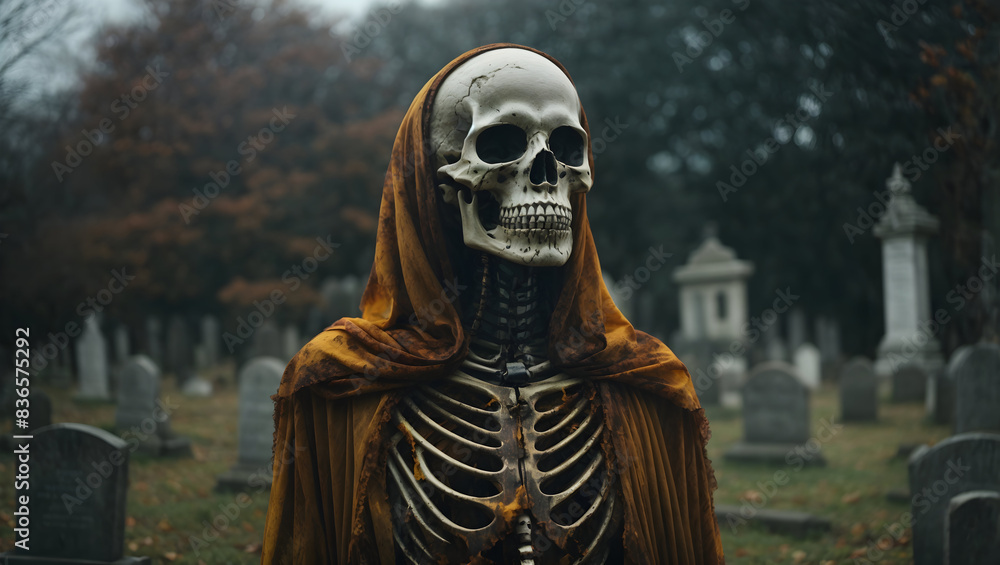 A skeletal figure with a ghostly face standing in a graveyard of forgotten souls A skeletal figure with a ghostly face standing in a graveyard of forgotten souls