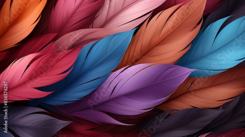Elegant abstract feather design with flowing lines and vibrant hues, in a modern flat texture style, finely detailed illustration.