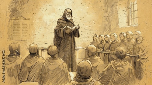 Biblical Illustration of Saint Kieran of Clonmacnoise teaching his students, reflecting his role as a great educator, monastic attire, wise expression, medieval classroom, beige background, copyspace photo