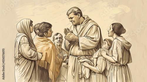 Biblical Illustration of Saint Martin de Porres caring for the sick and poor, reflecting his charitable work. Simple attire, compassionate expression, surrounded by grateful recipients.  © T Studio