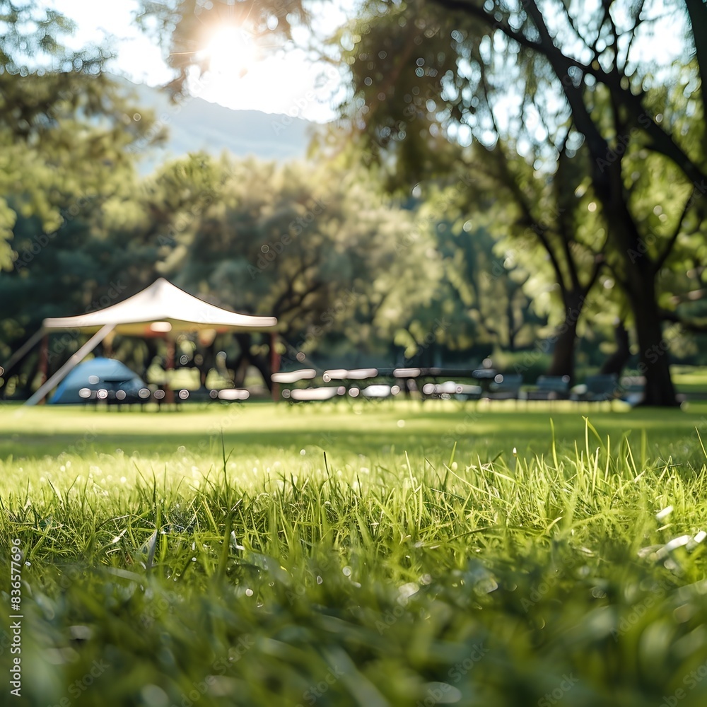 Sunny Camping Field with Canopy Tent and Folding Furniture Sunny Camping Field with Canopy Tent and Folding Furniture