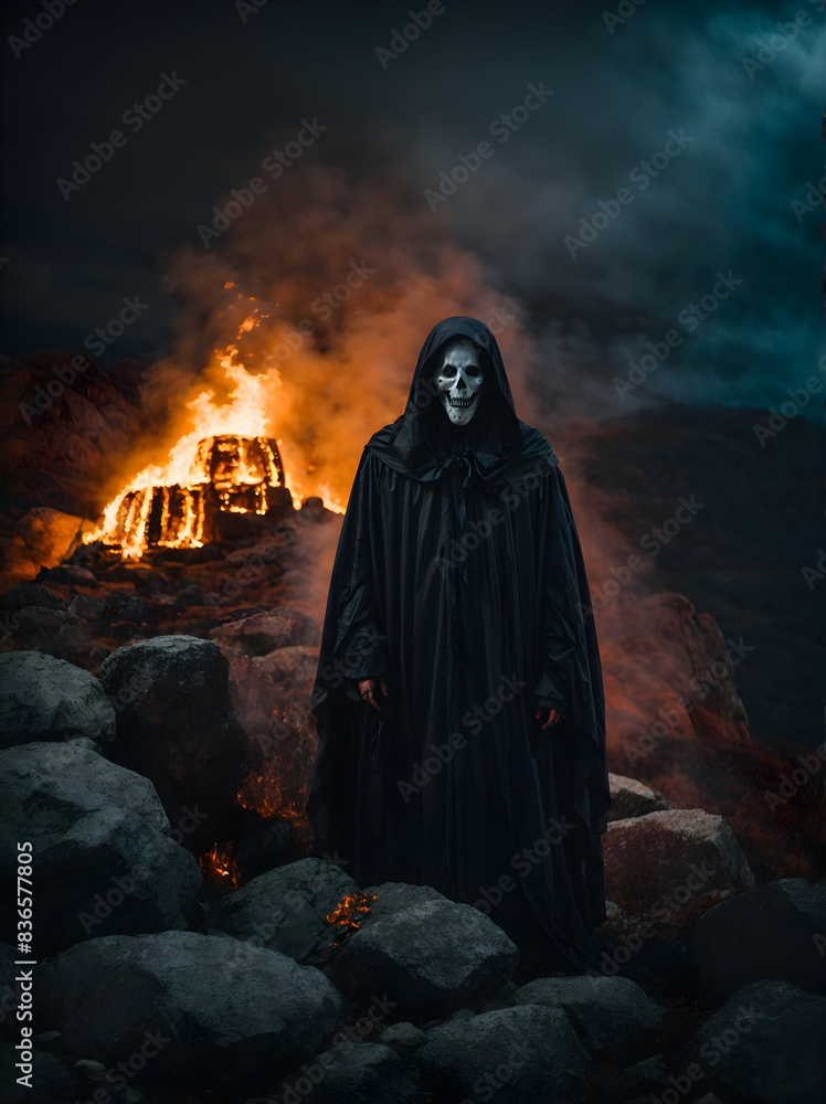A ghostly figure with a pale face and a sinister grin its eyes burning with a sinister fire A ghostly figure with a pale face and a sinister grin its eyes burning with a sinister fire
