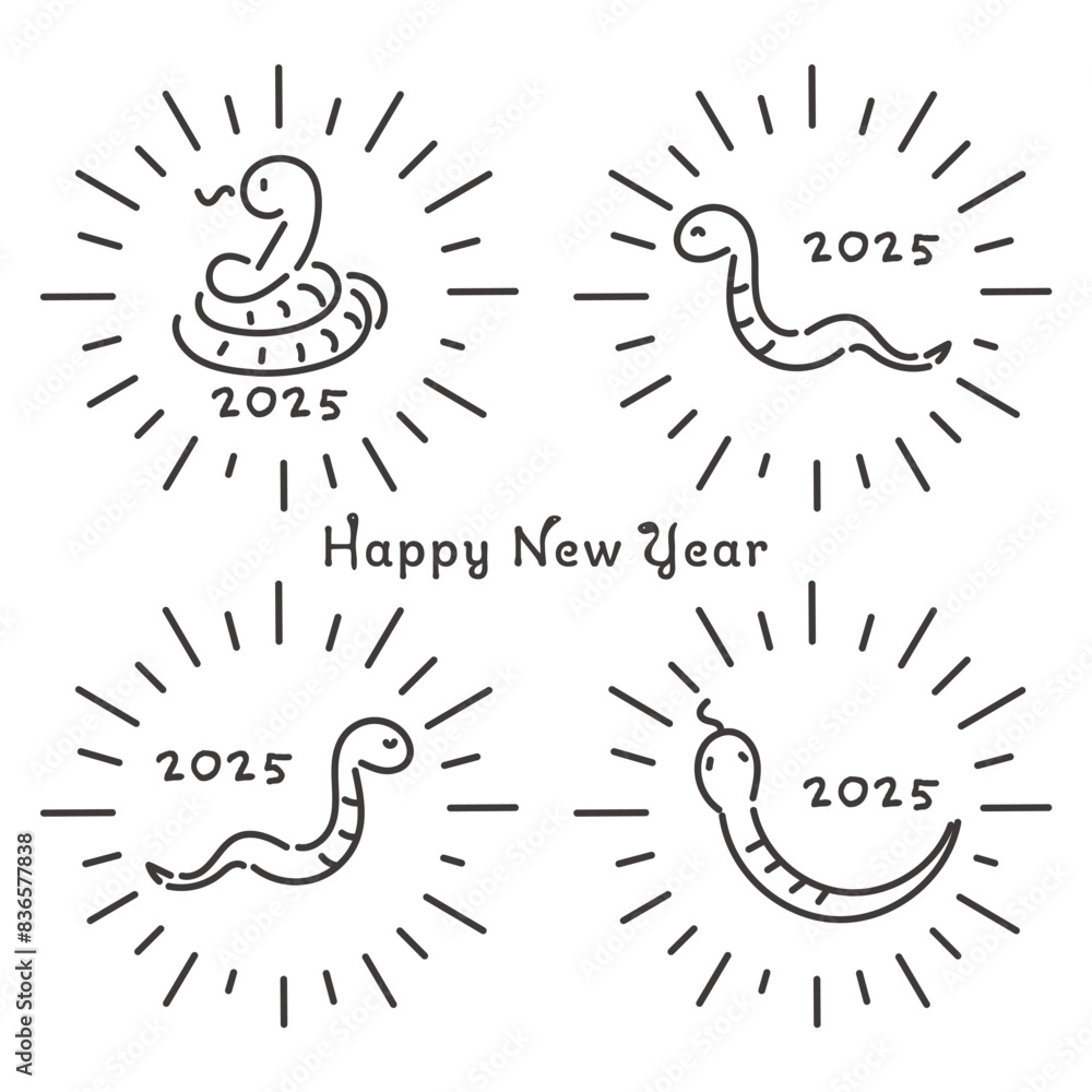 Fototapeta premium 2025年 巳年の年賀状 シンプルな蛇のイラストと太陽光線のフレーム