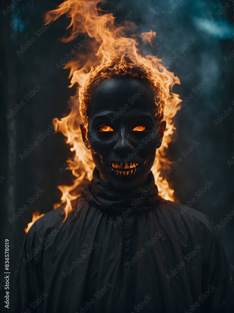 A ghostly figure with a pale face and a sinister grin its eyes burning with a sinister fire
