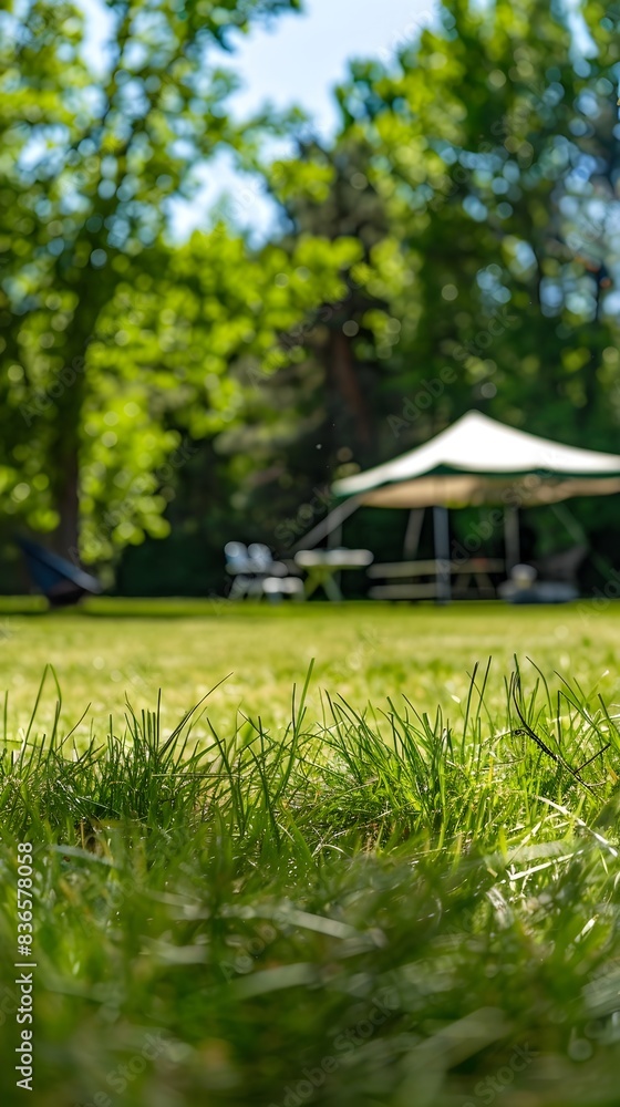 Sunlit Grass Field with Canopy Tent and Folding Furniture on a Camping Site Sunlit Grass Field with Canopy Tent and Folding Furniture on a Camping Site