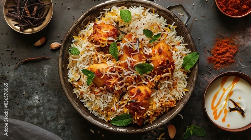 Delicious chicken biryani with basmati rice and herbs in metal bowl with spices and yogurt on dark background food photography cuisine photo