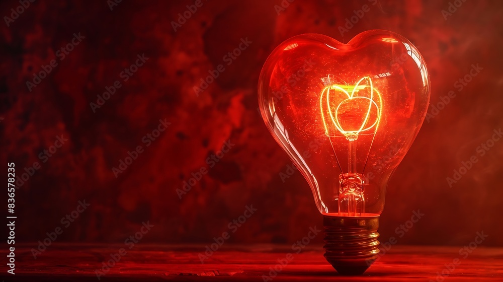Radiant heart-shaped filament glowing within a light bulb, red backdrop. Radiant heart-shaped filament glowing within a light bulb, red backdrop.