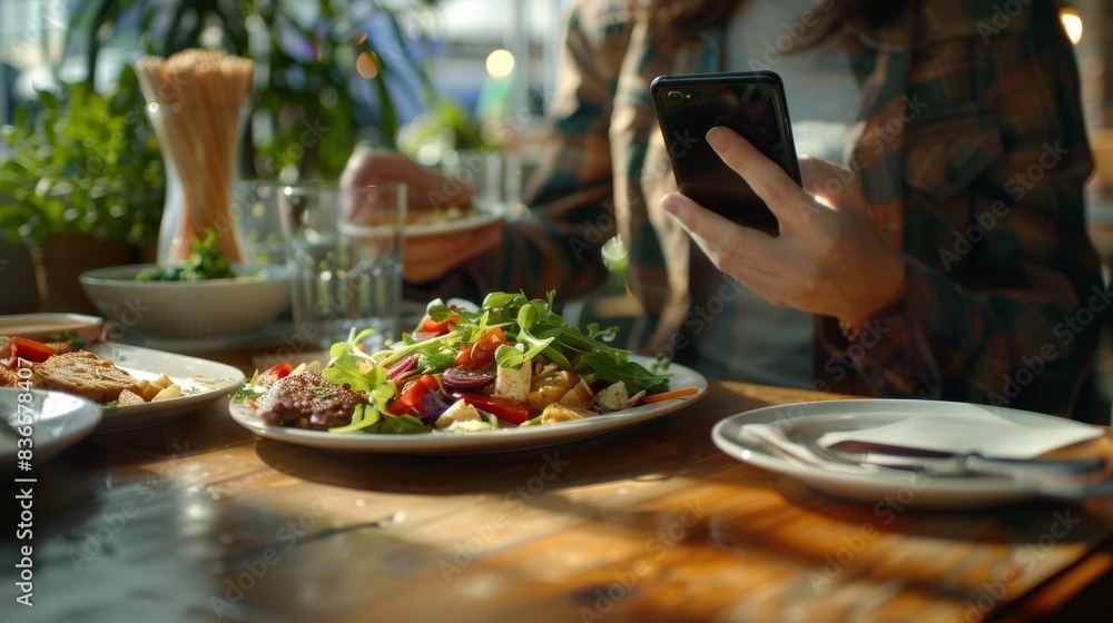 Fototapeta premium Restaurant owner photographing food for website and social media. Capturing appetizing food images on a smartphone.