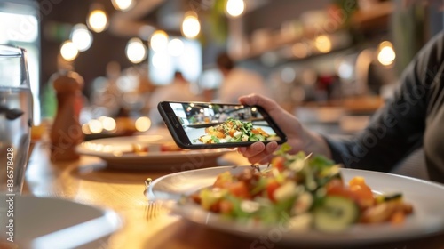 Restaurant owner photographing food for website and social media. Capturing appetizing food images on a smartphone. © UMPH.CREATIVE