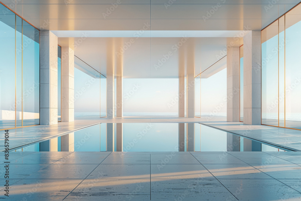 Fototapeta premium Empty hall of modern architectures，glass show room background. 