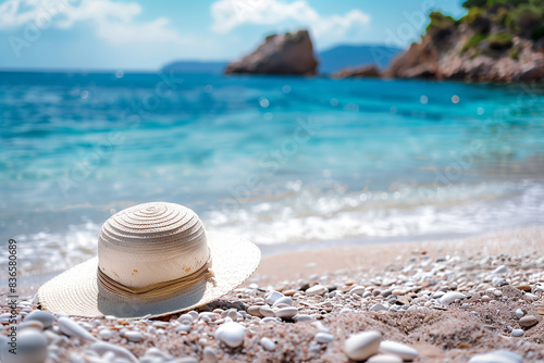 A white beach hat on the shore of an exotic island with blue water and pebbles, generative by ai