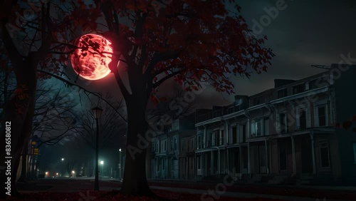 Video animation of nighttime scene with a large, red, full moon visible through the branches of a leafy tree photo