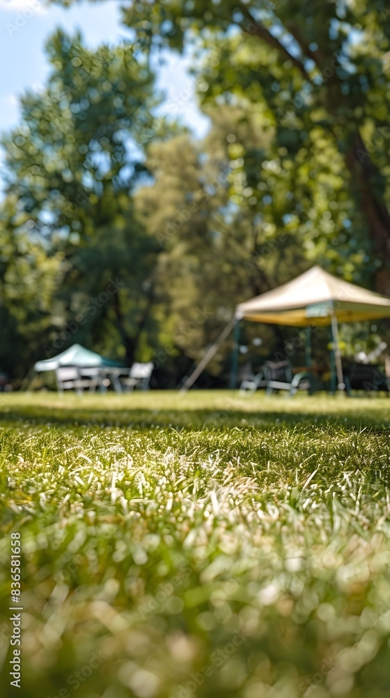 Sunlit Grass Field at a Serene Camping Site with Tent and Furniture in Shade Sunlit Grass Field at a Serene Camping Site with Tent and Furniture in Shade