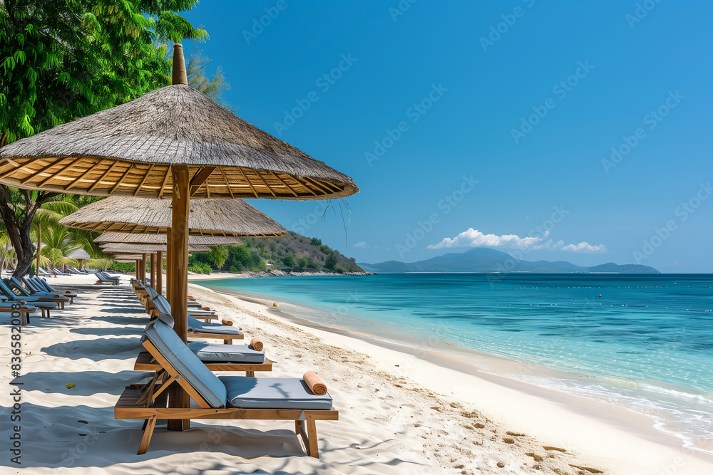 tropical beach with thatched umbrellas and bed, summer vacation concept, sea, generative by ai