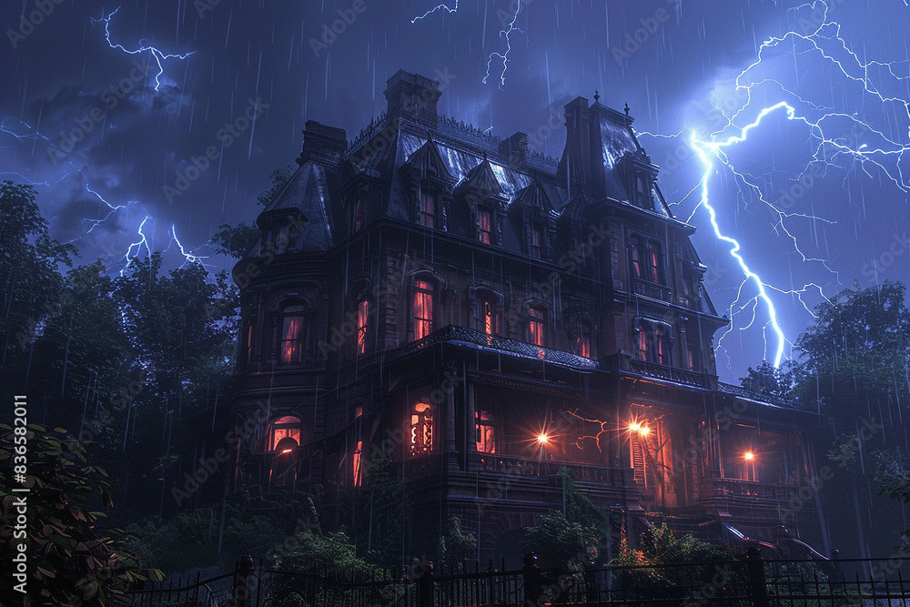 A spooky mansion on a hill, highlighted by frequent lightning strikes, creating a dramatic scene A spooky mansion on a hill, highlighted by frequent lightning strikes, creating a dramatic scene