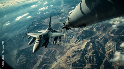 Jet Fighter Refueling Mid-Air from Tanker Over Mountainous Terrain for Military Operation and Aviation Training Promotion
