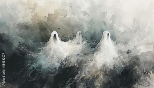Design a watercolor illustration of ghostly apparitions from a slanted point of view, utilizing soft pastel tones to convey a haunting yet serene atmosphere photo