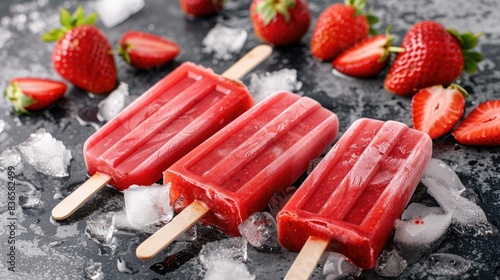 Fresh strawberry popsicles with ice chunks on a gray surface