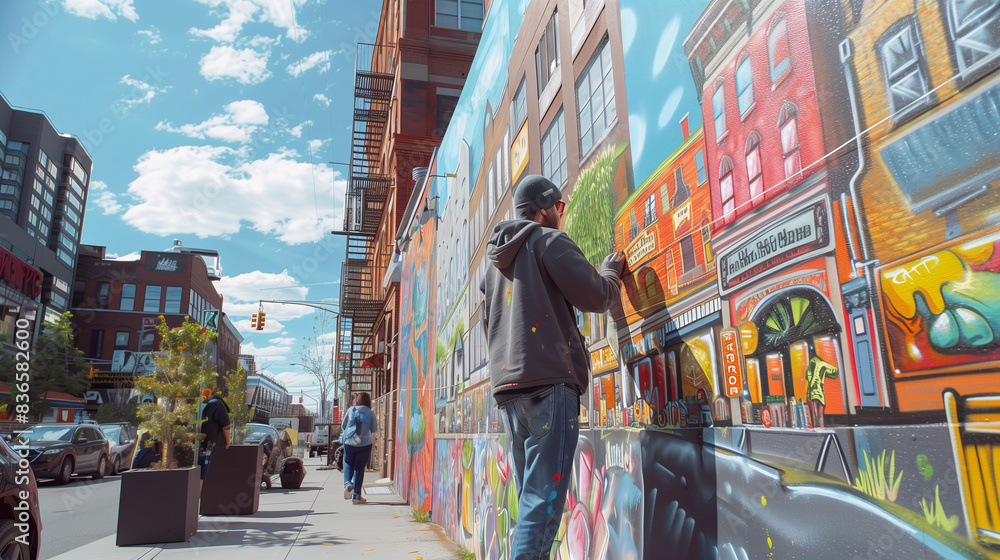 Fototapeta premium City Mural Art in Progress by Street Artist