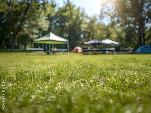 Sunny Camping Field with Canopy Tent and Folding Furniture in Shade