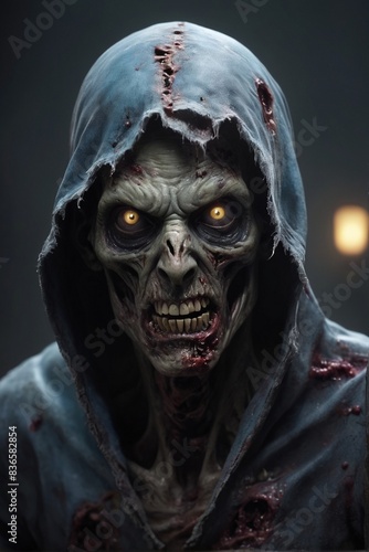 Portrait of a ghost in a dark background zombie character posing