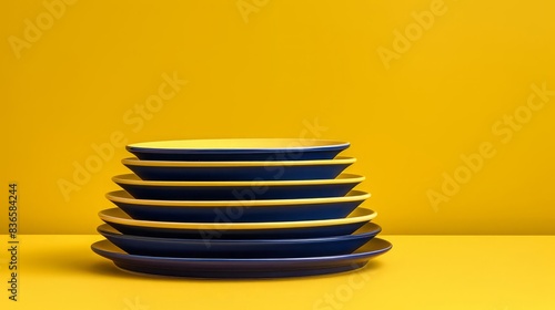 A highresolution image of a neatly stacked set of yellow plates with navy blue borders, placed on a yellow background to highlight the bold color combination and the clean, modern design photo