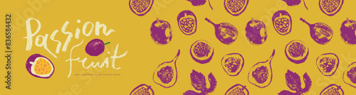 Tropical banner template with hand drawn granadilla pattern and passion fruit seamless pattern. Exotic fruits ornate print. Passion fruit background for cosmetic label, fruits puree or juice packaging