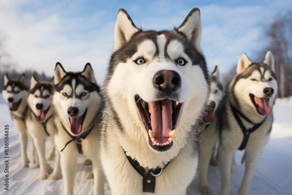 An engaging photograph of a group of Siberian Huskies in a sledding formation, with a focus on the front dog s expression and snowy fur, illustrating the excitement and vigor of a sledding adventure