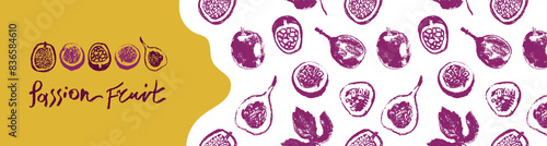 Tropical banner template with hand drawn granadilla pattern and passion fruit seamless pattern. Exotic fruits ornate print. Passion fruit background for cosmetic label, fruits puree or juice packaging