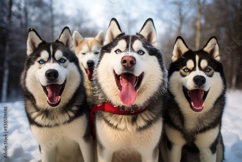 An engaging photograph of a group of Siberian Huskies in a sledding formation, with a focus on the front dog s expression and snowy fur, illustrating the excitement and vigor of a sledding adventure photo