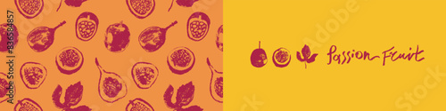 Tropical banner template with hand drawn granadilla pattern and passion fruit seamless pattern. Exotic fruits ornate print. Passion fruit background for cosmetic label, fruits puree or juice packaging