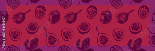 Tropical banner template with hand drawn granadilla pattern and passion fruit seamless pattern. Exotic fruits ornate print. Passion fruit background for cosmetic label, fruits puree or juice packaging