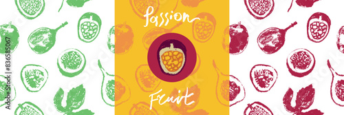 Tropical banner template with hand drawn granadilla pattern and passion fruit seamless pattern. Exotic fruits ornate print. Passion fruit background for cosmetic label, fruits puree or juice packaging