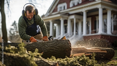 A detailed image of a man using a chainsaw to cut a tree branch in a yard, with a house in the background, highlighting the preventive measures to avoid property damage from falling branches