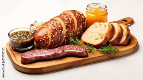 Thuringian sausages, mustard, and bread on white background photo