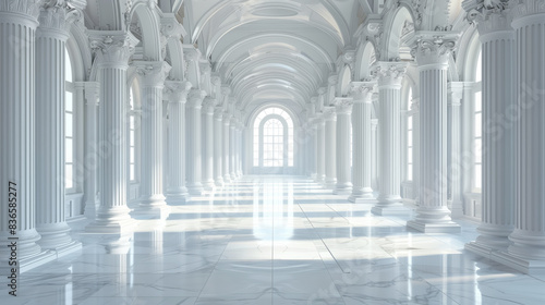 White architectural columns in a grand interior space
