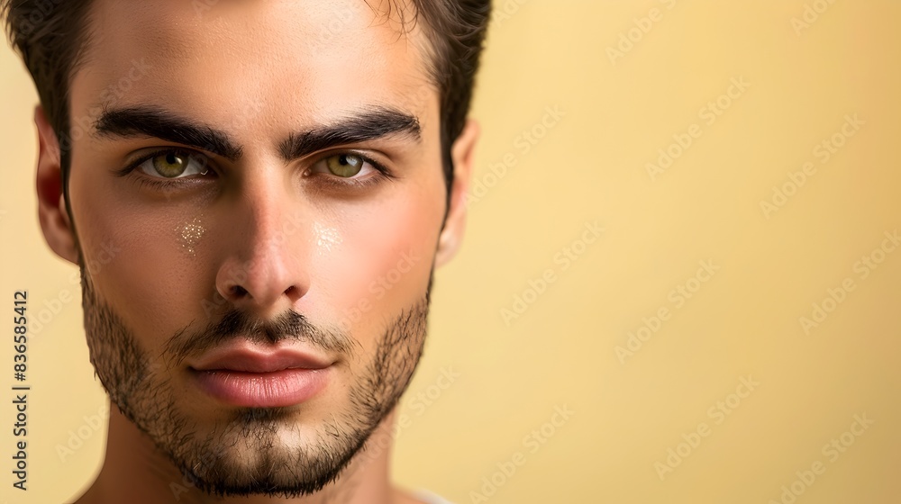 Handsome Argentinian Mans Professional Makeup for Skincare Advertising on Pastel Yellow Background Handsome Argentinian Mans Professional Makeup for Skincare Advertising on Pastel Yellow Background