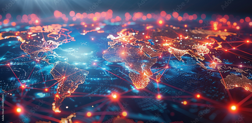 A world map with glowing connections between different countries, symbolizing global network and connectivity. A world map with glowing connections between different countries, symbolizing global network and connectivity.