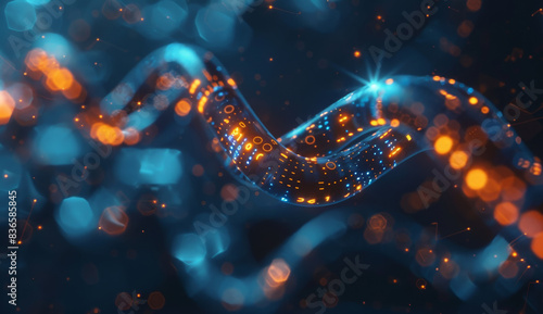 3d render of double helix DNA on blue background with glowing particles. Abstract futuristic medical and scientific concept.