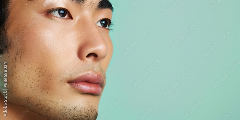 Handsome Japanese Man Showcasing Professional Makeup for Skincare Advertising on Mint Background Handsome Japanese Man Showcasing Professional Makeup for Skincare Advertising on Mint Background