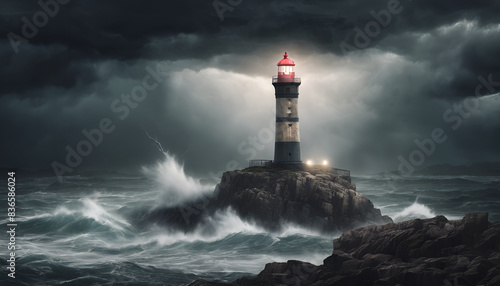 lighthouse standing on a rocky outcropping during a storm, The lighthouse is illuminated by a bright light, and the waves crashing against the rocks create a dramatic scene,