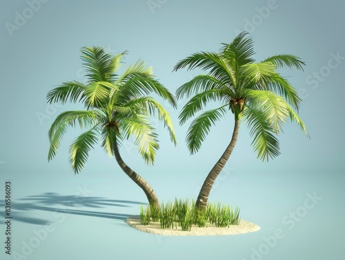 Summer Beach Day 3D Render  Twin Curved Palm Trees with Ripe Fruit and Lush Green Grass  Bright Blue Background