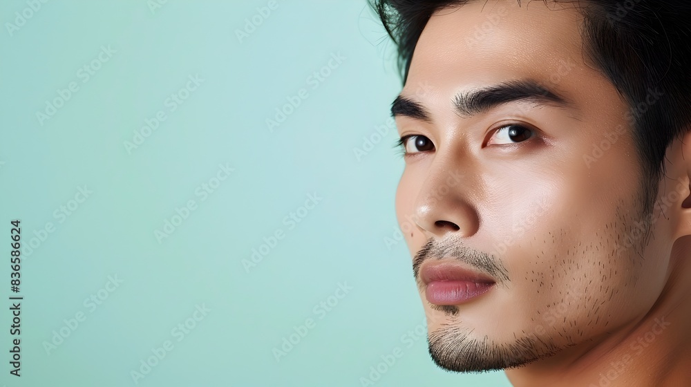 Handsome Asian Man s Face in Soft Green Cosmetic Advertisement Banner with Clear Space Handsome Asian Man s Face in Soft Green Cosmetic Advertisement Banner with Clear Space