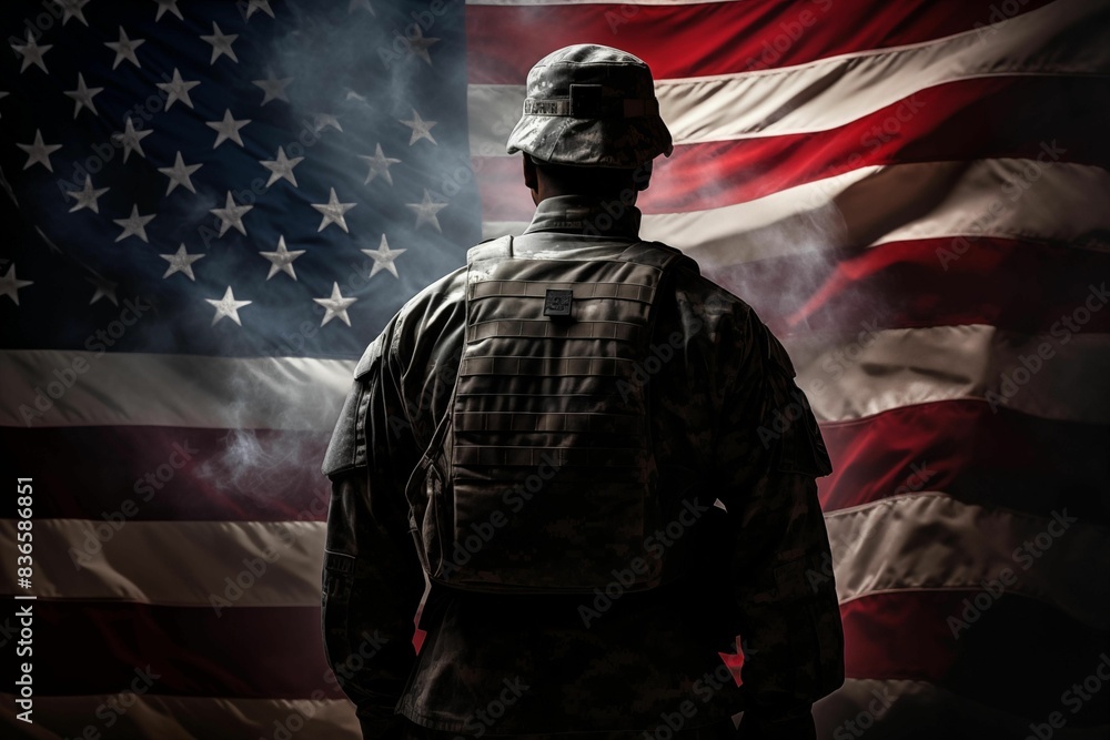 Military personnel saluting in front of US flag. Generative AI Military personnel saluting in front of US flag. Generative AI