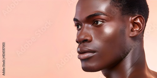 Handsome African Man s Face in Skincare Advertising Banner on Peach Background with Clear Space © LookChin AI