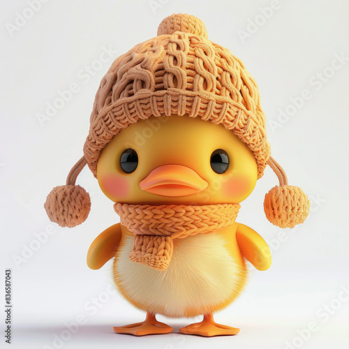 Sweet 3D duckling wearing a knitted hat with ear flaps on a white background photo